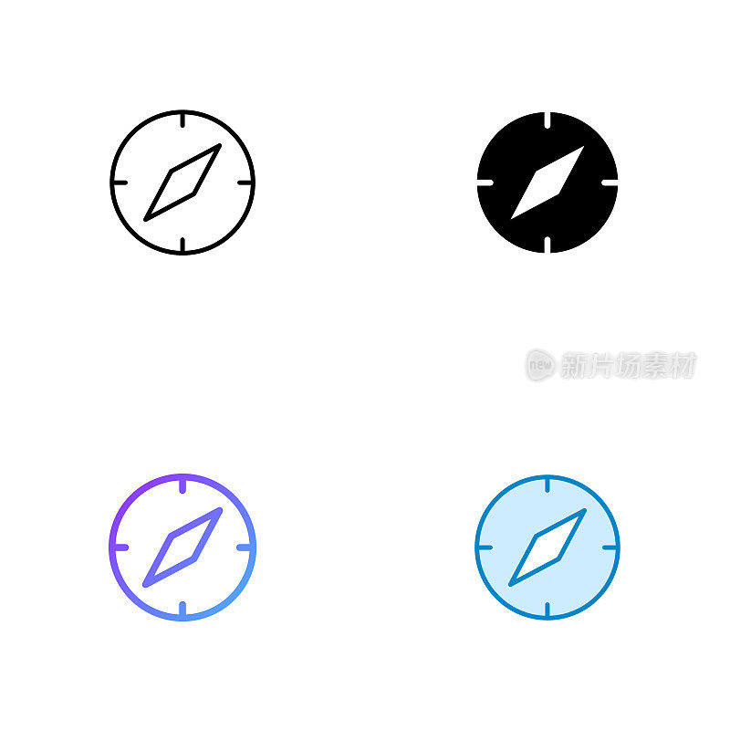 指南针图标设计在四种风格与可编辑的笔画。线，实线，平线和颜色梯度线。适合网页，移动应用，UI, UX和GUI设计。